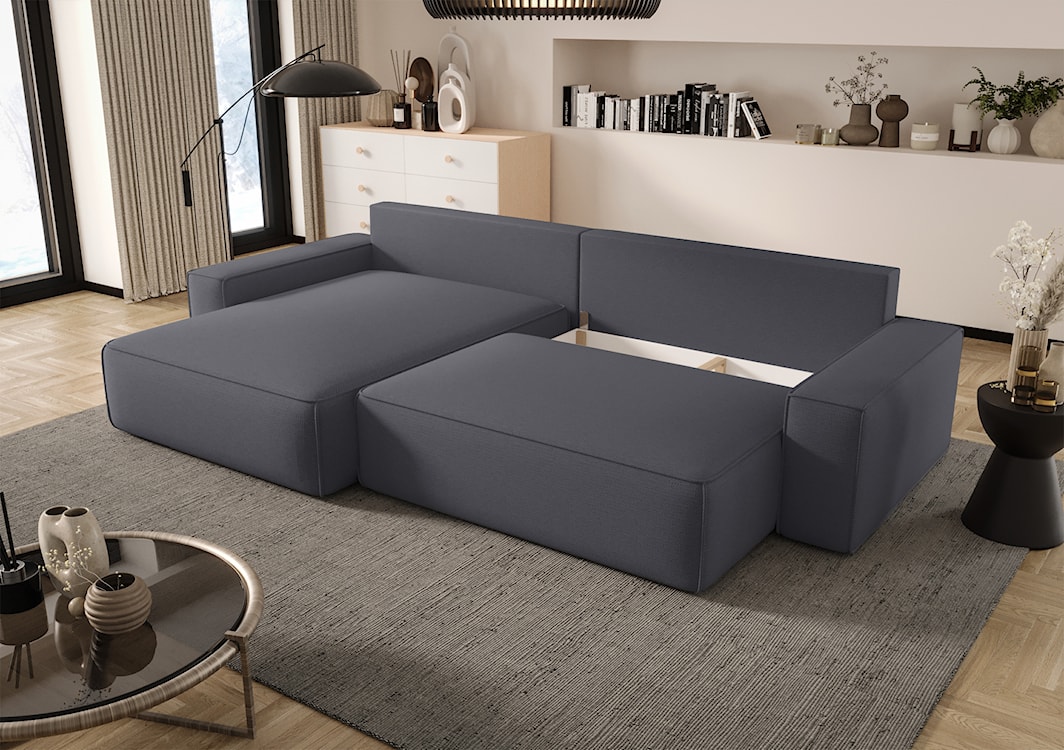 Narożnik z funkcją spania Laroley L-kształtny lewostronny z pojemnikiem szary szenil hydrofobowy  - zdjęcie 4