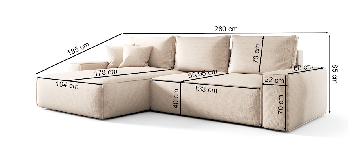 Narożnik z funkcją spania Laroley L-kształtny prawostronny z pojemnikiem jasnobeżowy szenil hydrofobowy  - zdjęcie 5