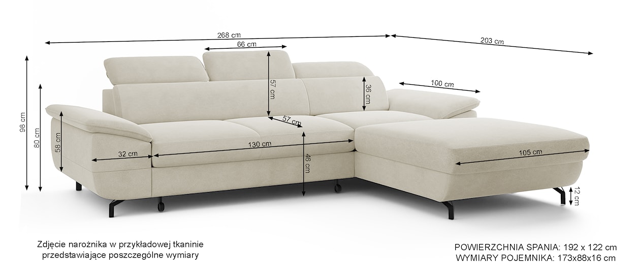 Narożnik z funkcją spania Lambo L-kształtny z regulowanymi zagłówkami i pojemnikiem beżowy welur łatwoczyszczący prawostronny  - zdjęcie 6