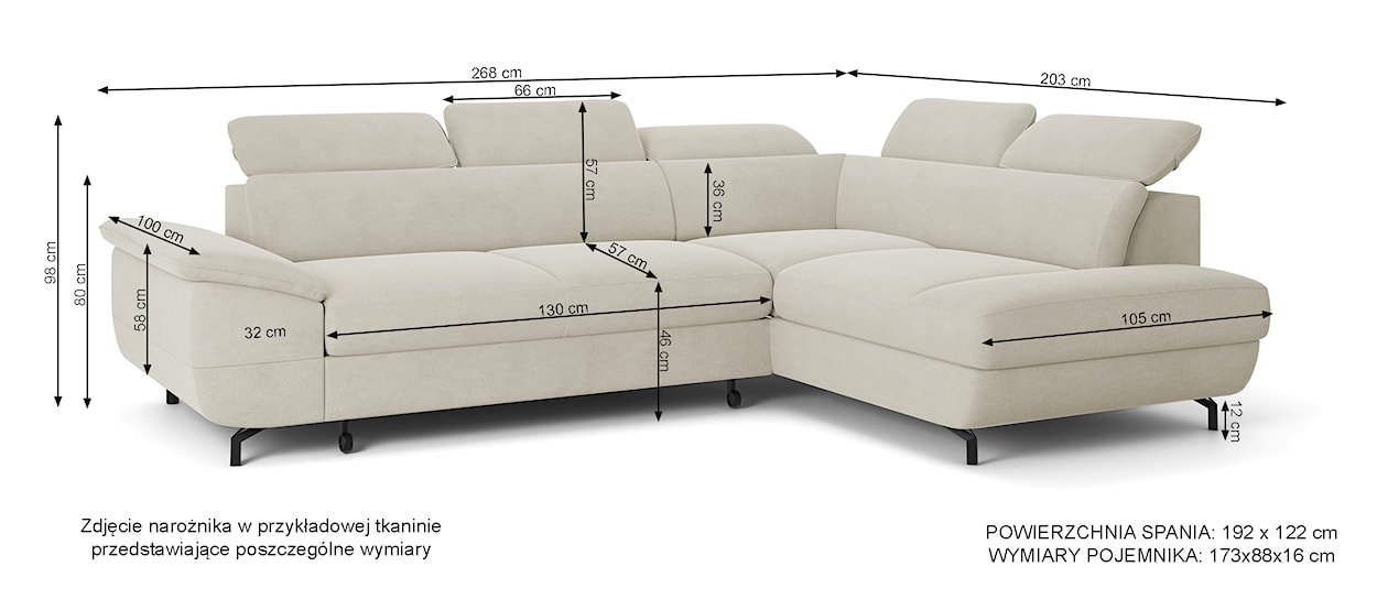 Narożnik z funkcją spania Lambo L-kształtny z boczkiem z regulowanymi zagłówkami i pojemnikiem beżowy welur łatwoczyszczący prawostronny  - zdjęcie 6