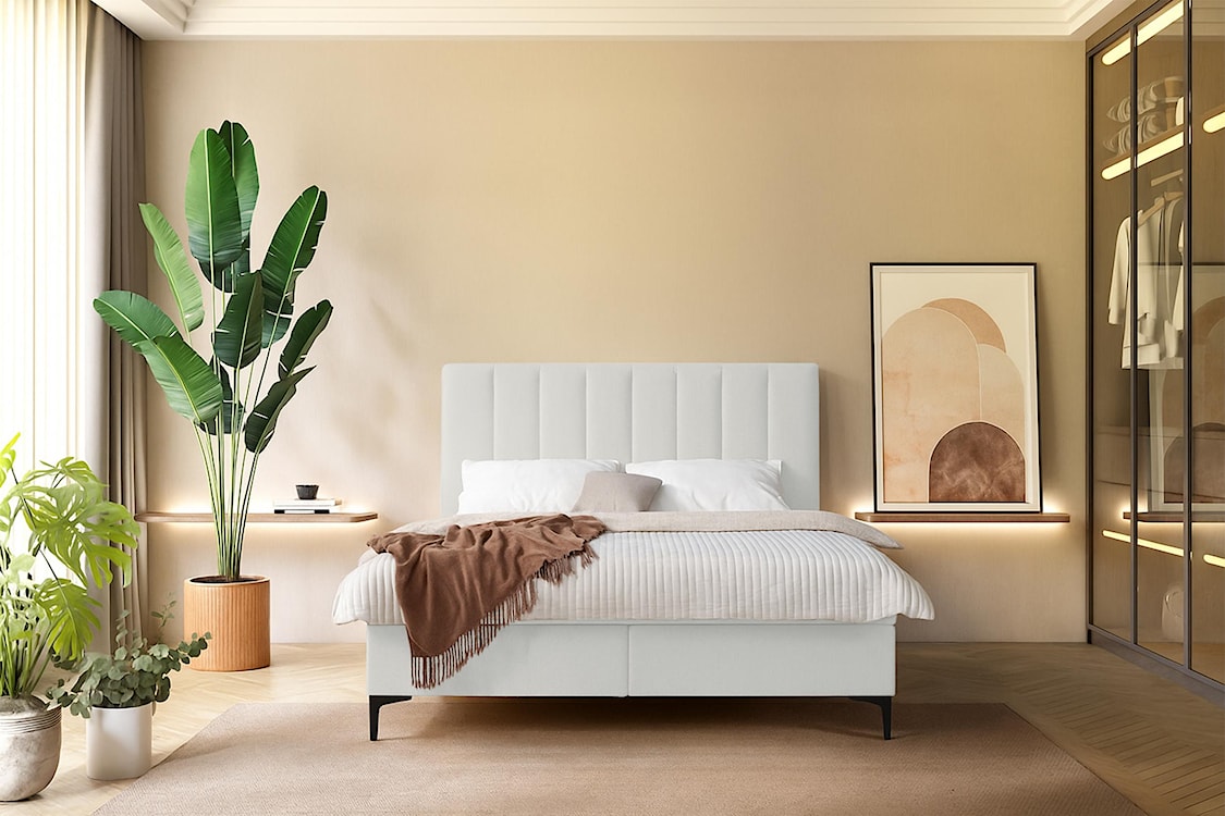 Łóżko kontynentalne 140x200 cm Lorentes z pojemnikiem i topperem kremowe plecionka  - zdjęcie 2