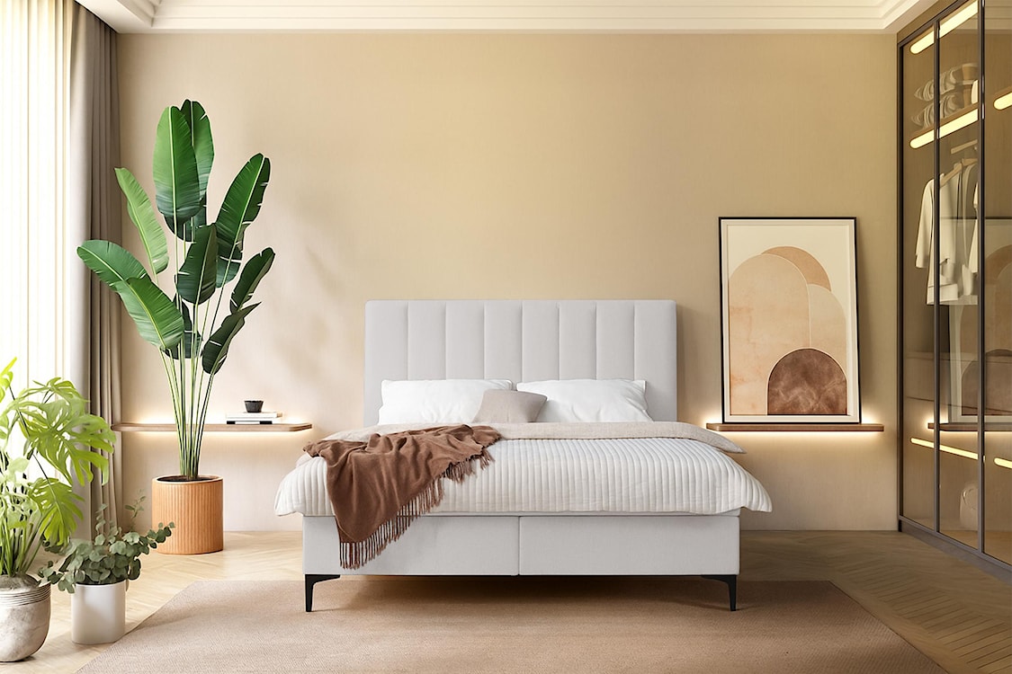 Łóżko kontynentalne 140x200 cm Lorentes z pojemnikiem i topperem jasnobeżowe plecionka  - zdjęcie 2