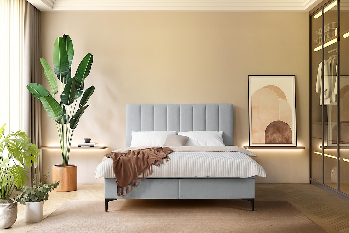 Łóżko kontynentalne 180x200 cm Lorentes z pojemnikiem i topperem jasnoszare plecionka  - zdjęcie 2
