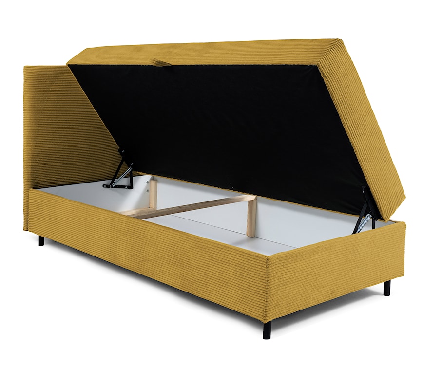 Łóżko kontynentalne jednosobowe Montigo Mini 100x200 cm z pojemnikiem, topperem i poduszką musztardowe sztruks nogi czarne lewostronne  - zdjęcie 4