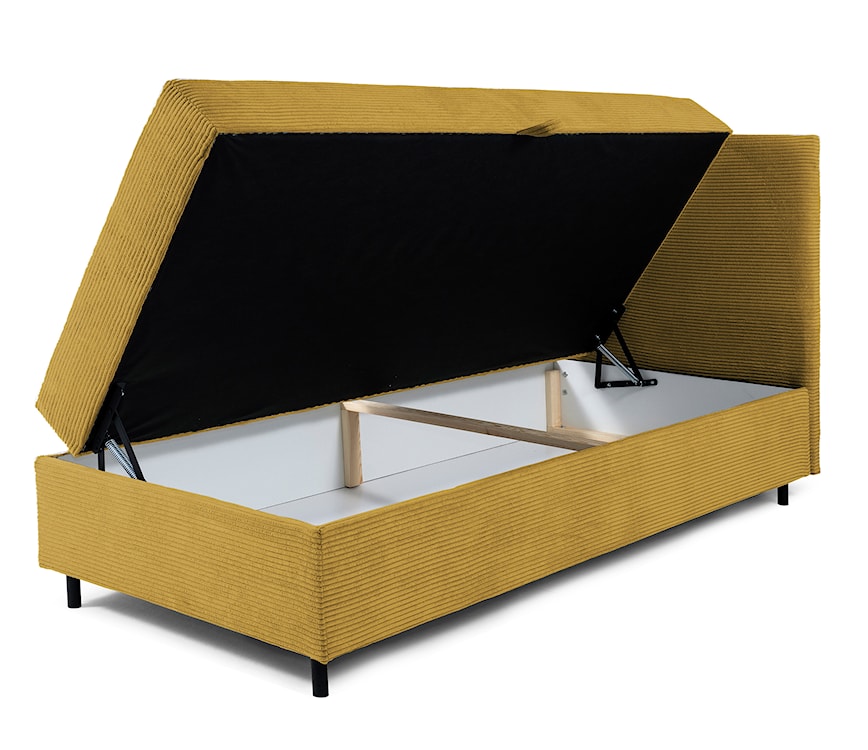 Łóżko kontynentalne jednosobowe Montigo Mini 100x200 cm z pojemnikiem, topperem i poduszką musztardowe sztruks nogi czarne prawostronne  - zdjęcie 4
