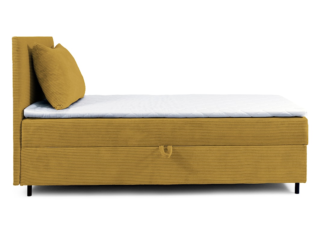 Łóżko kontynentalne jednosobowe Montigo Mini 80x200 cm z pojemnikiem, topperem i poduszką musztardowe sztruks nogi czarne lewostronne  - zdjęcie 3