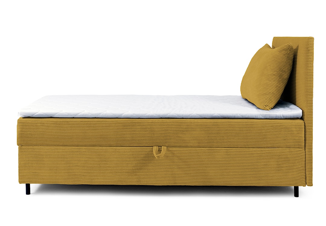 Łóżko kontynentalne jednosobowe Montigo Mini 70x200 cm z pojemnikiem, topperem i poduszką musztardowe sztruks nogi czarne prawostronne  - zdjęcie 3