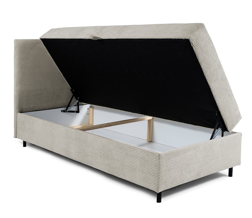 Łóżko kontynentalne jednosobowe Montigo Mini 90x200 cm z pojemnikiem, topperem i poduszką beżowe sztruks nogi czarne lewostronne  - zdjęcie 4