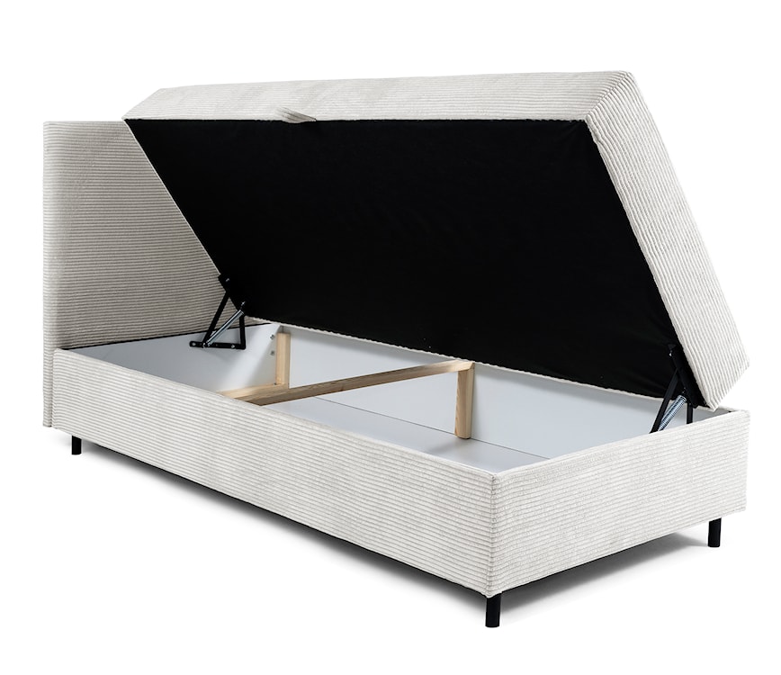 Łóżko kontynentalne jednosobowe Montigo Mini 90x200 cm z pojemnikiem, topperem i poduszką kremowe sztruks nogi czarne lewostronne  - zdjęcie 4