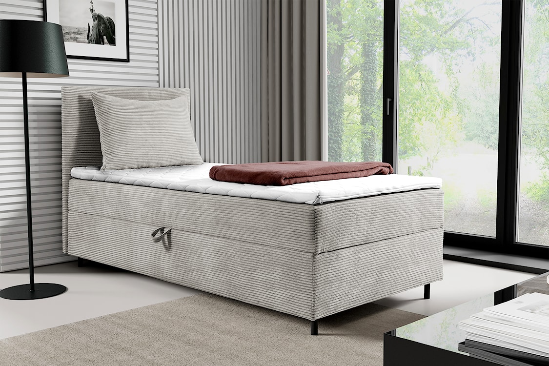 Łóżko kontynentalne jednosobowe Montigo Mini 90x200 cm z pojemnikiem, topperem i poduszką kremowe sztruks nogi czarne lewostronne  - zdjęcie 2