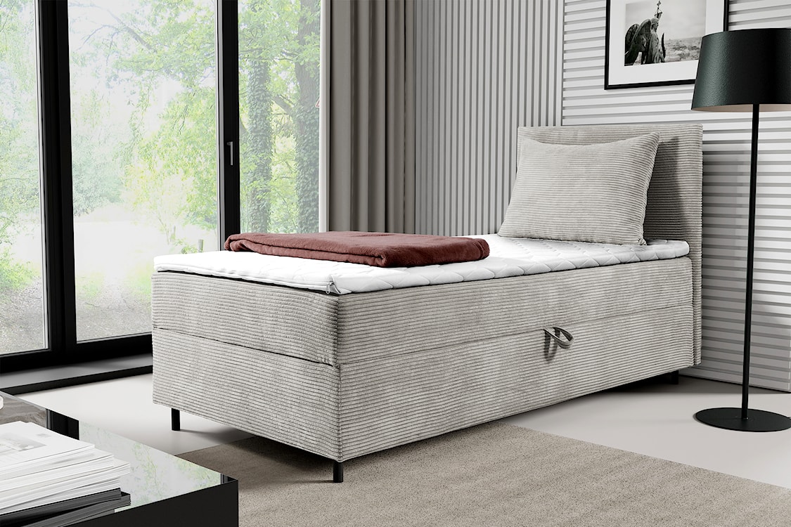 Łóżko kontynentalne jednosobowe Montigo Mini 70x200 cm z pojemnikiem, topperem i poduszką kremowe sztruks nogi czarne prawostronne  - zdjęcie 2