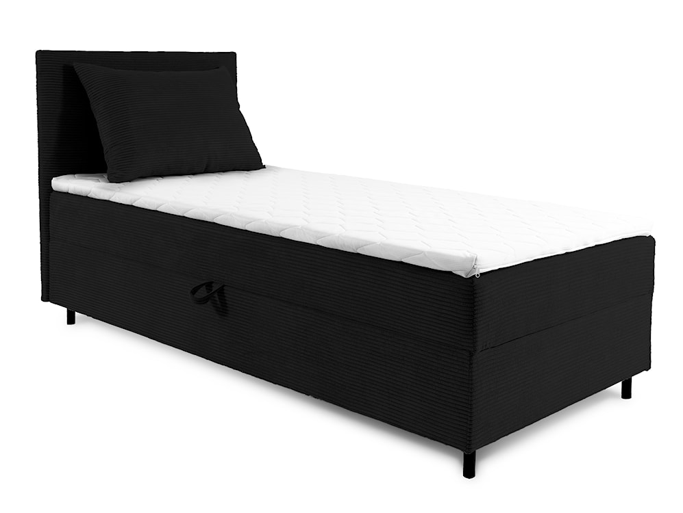 Łóżko kontynentalne jednosobowe Montigo Mini 100x200 cm z pojemnikiem, topperem i poduszką czarne sztruks nogi czarne lewostronne 