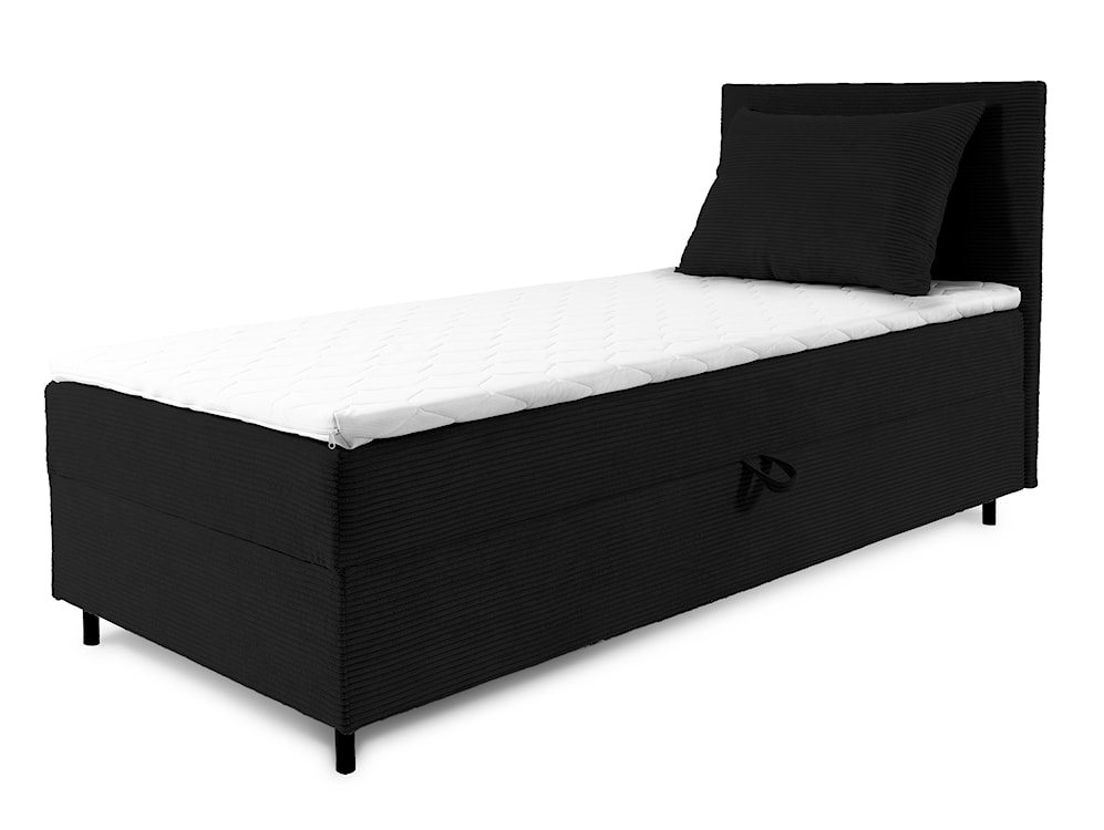 Łóżko kontynentalne jednosobowe Montigo Mini 80x200 cm z pojemnikiem, topperem i poduszką czarne sztruks nogi czarne prawostronne 