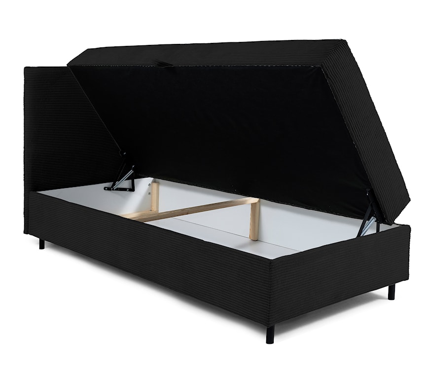 Łóżko kontynentalne jednosobowe Montigo Mini 90x200 cm z pojemnikiem, topperem i poduszką czarne sztruks nogi czarne lewostronne  - zdjęcie 4