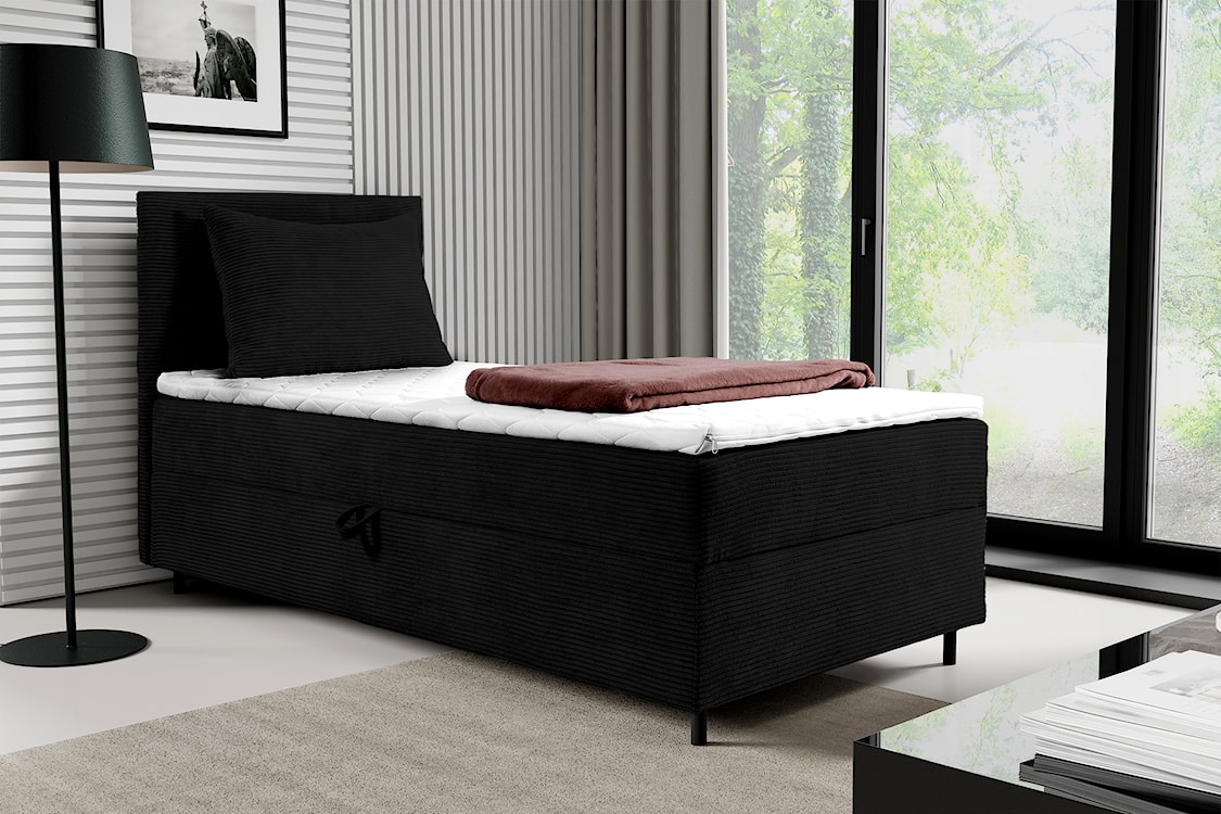 Łóżko kontynentalne jednosobowe Montigo Mini 70x200 cm z pojemnikiem, topperem i poduszką czarne sztruks nogi czarne lewostronne  - zdjęcie 2