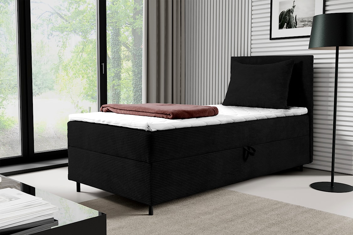 Łóżko kontynentalne jednosobowe Montigo Mini 70x200 cm z pojemnikiem, topperem i poduszką czarne sztruks nogi czarne prawostronne  - zdjęcie 2