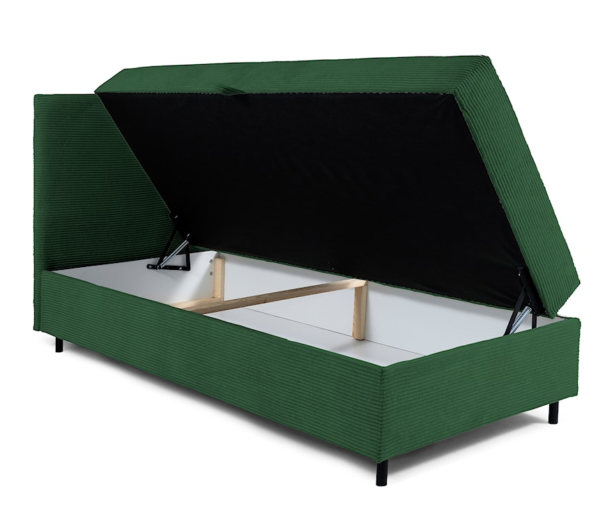 Łóżko kontynentalne jednosobowe Montigo Mini 100x200 cm z pojemnikiem, topperem i poduszką ciemnozielone sztruks nogi czarne lewostronne  - zdjęcie 4