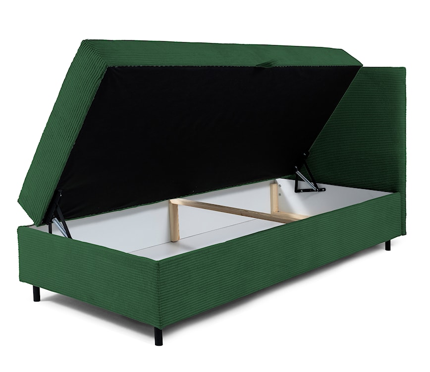 Łóżko kontynentalne jednosobowe Montigo Mini 100x200 cm z pojemnikiem, topperem i poduszką ciemnozielone sztruks nogi czarne prawostronne  - zdjęcie 4