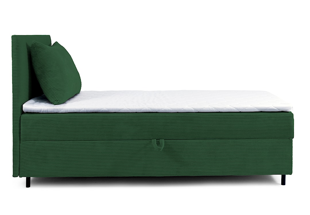Łóżko kontynentalne jednosobowe Montigo Mini 90x200 cm z pojemnikiem, topperem i poduszką ciemnozielone sztruks nogi czarne lewostronne  - zdjęcie 3