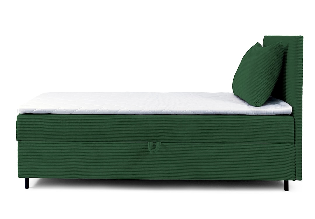 Łóżko kontynentalne jednosobowe Montigo Mini 70x200 cm z pojemnikiem, topperem i poduszką ciemnozielone sztruks nogi czarne prawostronne  - zdjęcie 3