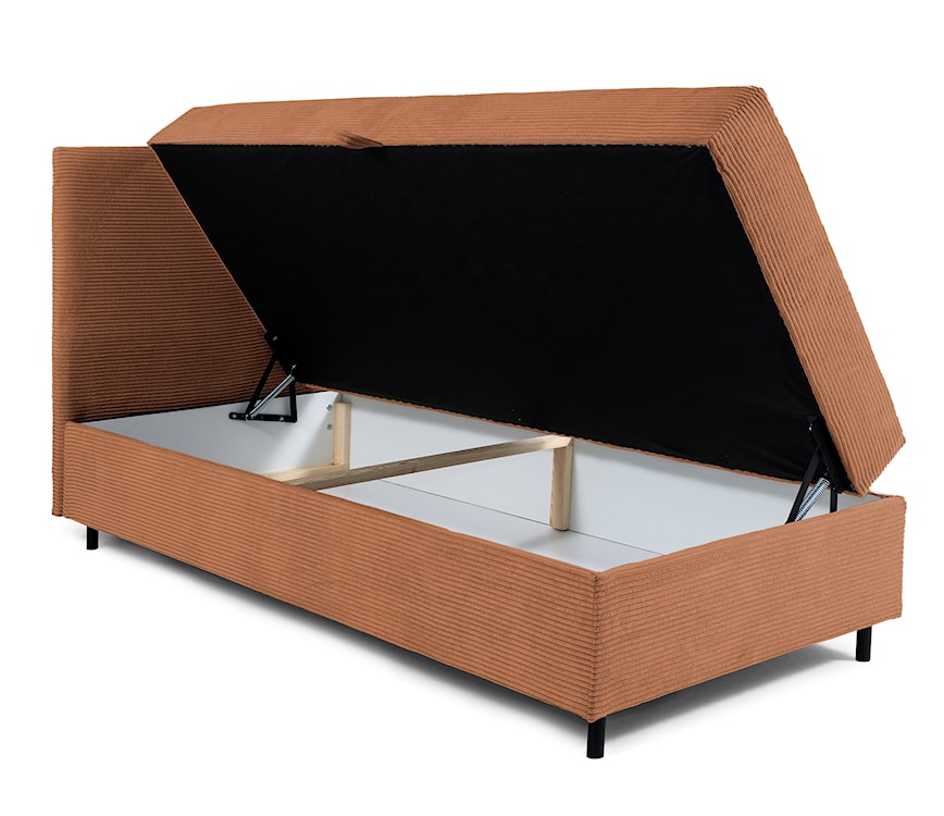 Łóżko kontynentalne jednosobowe Montigo Mini 100x200 cm z pojemnikiem, topperem i poduszką miedziane sztruks nogi czarne lewostronne  - zdjęcie 4