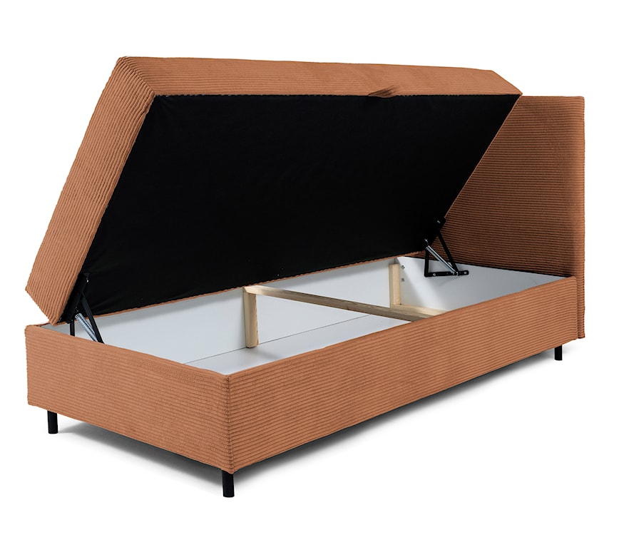 Łóżko kontynentalne jednosobowe Montigo Mini 70x200 cm z pojemnikiem, topperem i poduszką miedziane sztruks nogi czarne prawostronne  - zdjęcie 4