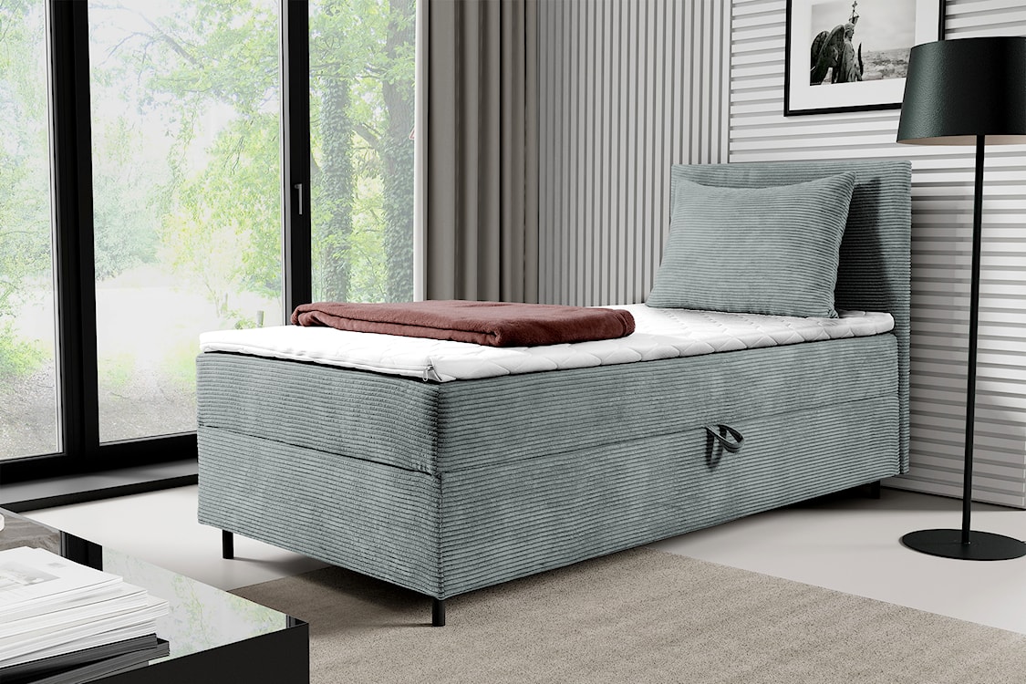 Łóżko kontynentalne jednosobowe Montigo Mini 80x200 cm z pojemnikiem, topperem i poduszką jasnoszare sztruks nogi czarne prawostronne  - zdjęcie 2