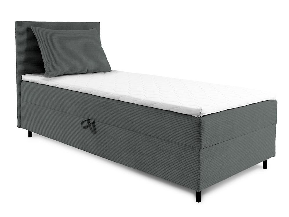 Łóżko kontynentalne jednosobowe Montigo Mini 90x200 cm z pojemnikiem, topperem i poduszką szare sztruks nogi czarne lewostronne 