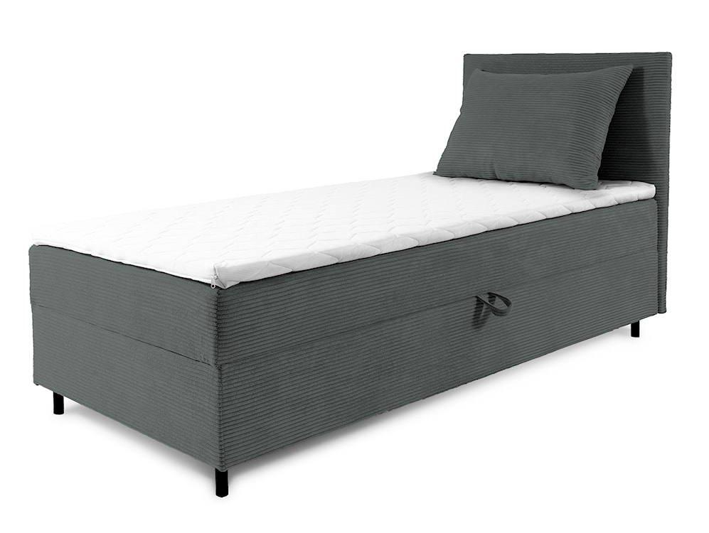 Łóżko kontynentalne jednosobowe Montigo Mini 80x200 cm z pojemnikiem, topperem i poduszką szare sztruks nogi czarne prawostronne 