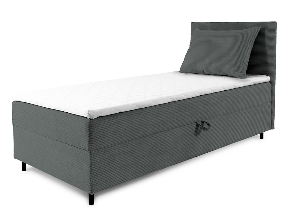 Łóżko kontynentalne jednosobowe Montigo Mini 70x200 cm z pojemnikiem, topperem i poduszką szare sztruks nogi czarne prawostronne