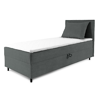 Łóżko kontynentalne jednosobowe Montigo Mini 100x200 cm z pojemnikiem, topperem i poduszką szare sztruks nogi czarne prawostronne