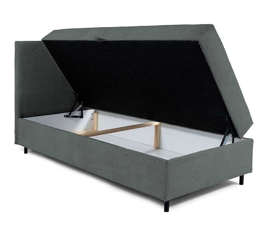Łóżko kontynentalne jednosobowe Montigo Mini 90x200 cm z pojemnikiem, topperem i poduszką szare sztruks nogi czarne lewostronne  - zdjęcie 4