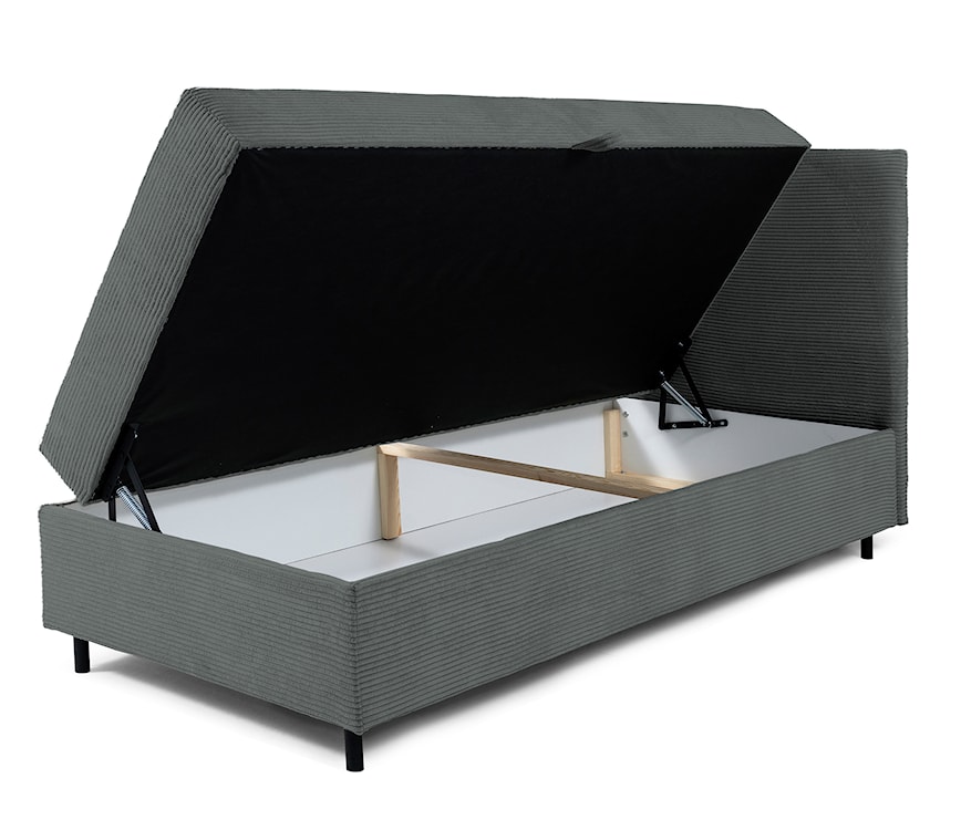Łóżko kontynentalne jednosobowe Montigo Mini 70x200 cm z pojemnikiem, topperem i poduszką szare sztruks nogi czarne prawostronne  - zdjęcie 4