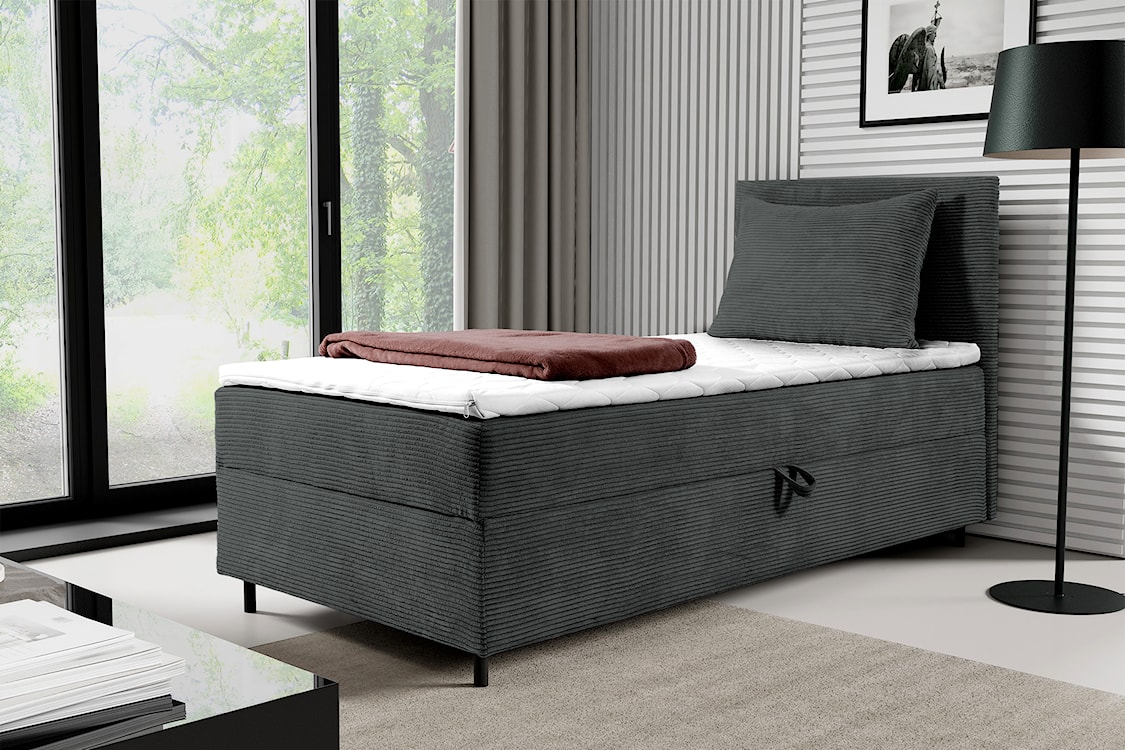 Łóżko kontynentalne jednosobowe Montigo Mini 70x200 cm z pojemnikiem, topperem i poduszką szare sztruks nogi czarne prawostronne  - zdjęcie 2