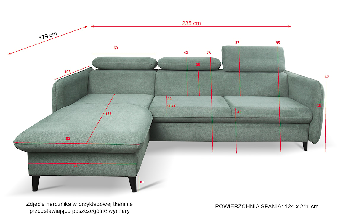 Narożnik z funkcją spania Drene miętowy z pojemnikiem w tkaninie łatwoczyszczącej welur nogi czarne lewostronny  - zdjęcie 7
