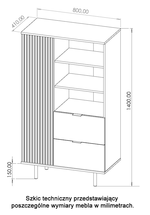 Regał Klazby 80 cm jednodrzwiowy z dwiema szufladami czarny mat lamele  - zdjęcie 4