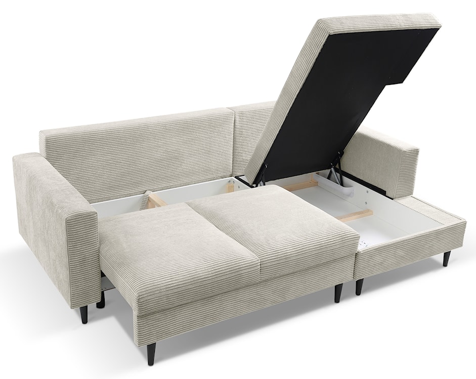 Narożnik z funkcją spania Nalika L-kształtny z pojemnikiem jasnobeżowy sztruks prawostronny  - zdjęcie 4