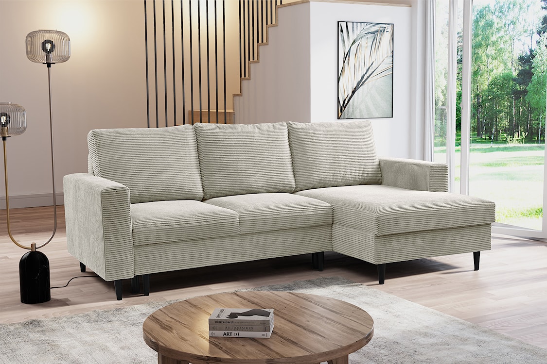 Narożnik z funkcją spania Nalika L-kształtny z pojemnikiem jasnobeżowy sztruks prawostronny  - zdjęcie 2