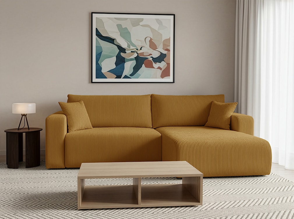 Narożnik z funkcją spania Nellio L-kształtny uniwersalny z pojemnikiem musztardowy sztruks  - zdjęcie 2