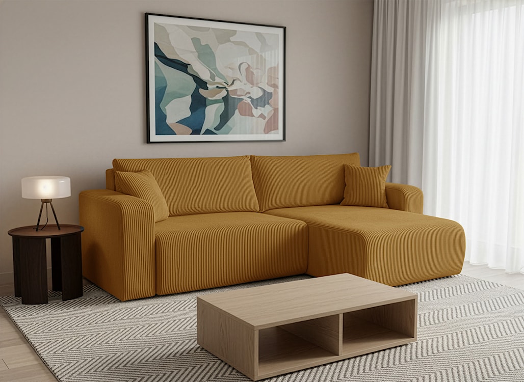 Narożnik z funkcją spania Nellio L-kształtny uniwersalny z pojemnikiem musztardowy sztruks  - zdjęcie 5