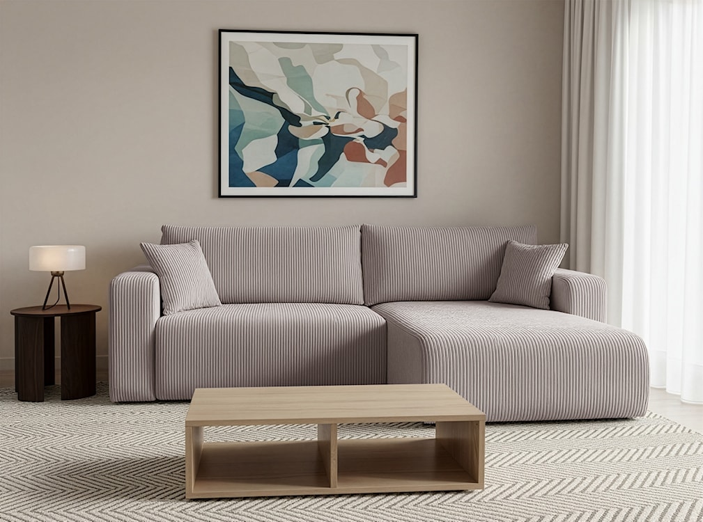 Narożnik z funkcją spania Nellio L-kształtny uniwersalny z pojemnikiem beżowy sztruks  - zdjęcie 2