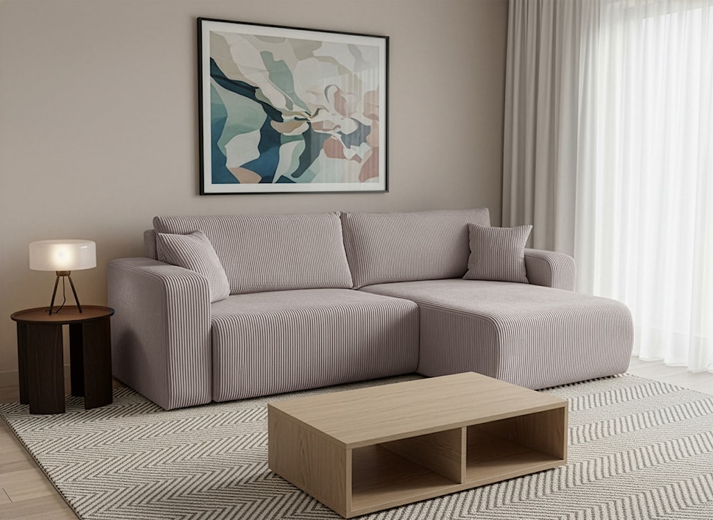 Narożnik z funkcją spania Nellio L-kształtny uniwersalny z pojemnikiem beżowy sztruks  - zdjęcie 5