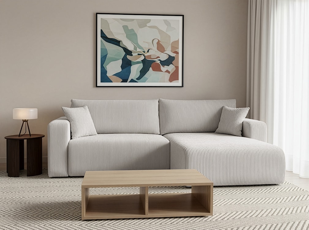 Narożnik z funkcją spania Nellio L-kształtny uniwersalny z pojemnikiem jasnobeżowy sztruks  - zdjęcie 2