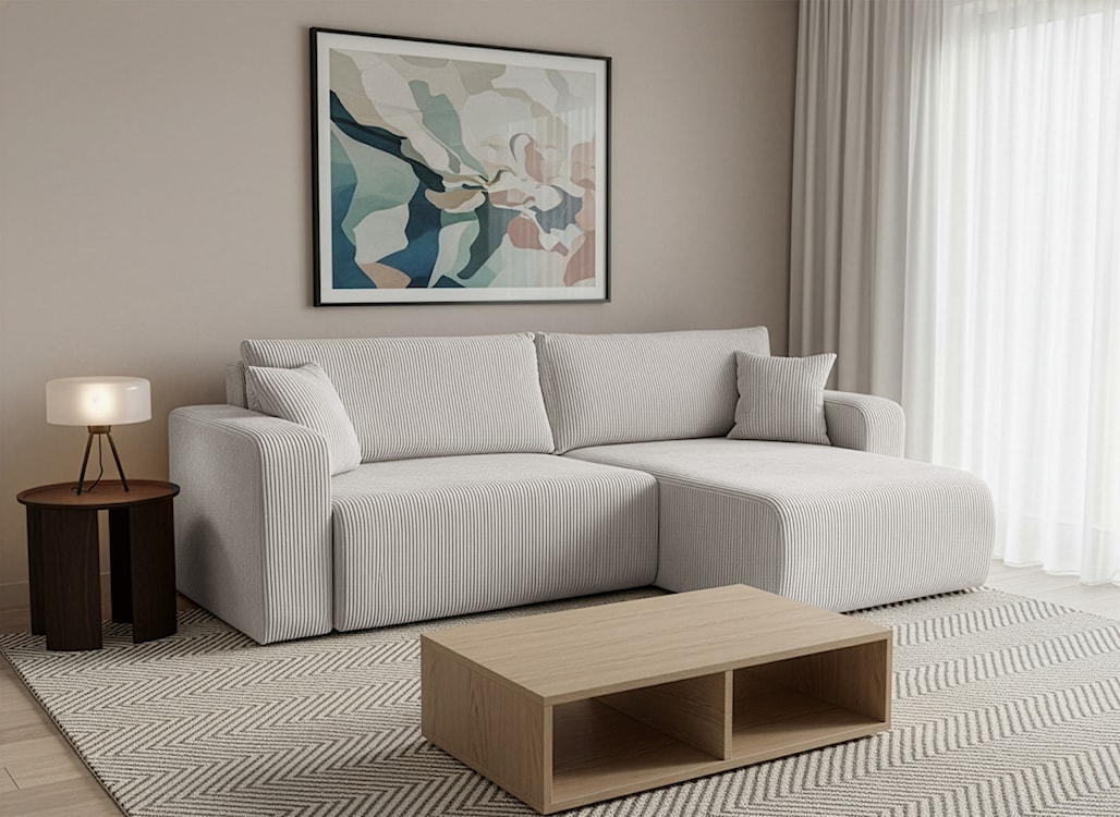 Narożnik z funkcją spania Nellio L-kształtny uniwersalny z pojemnikiem jasnobeżowy sztruks  - zdjęcie 5