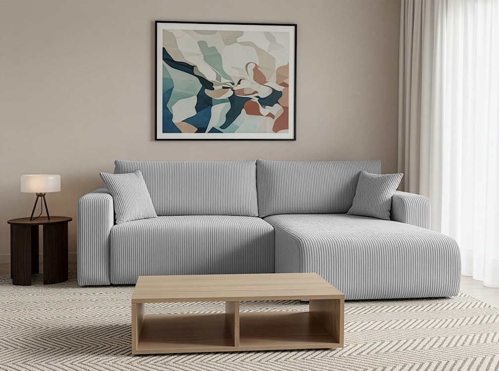 Narożnik z funkcją spania Nellio L-kształtny uniwersalny z pojemnikiem jasnoszary sztruks  - zdjęcie 2