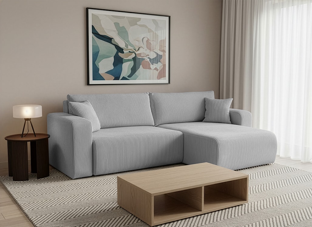 Narożnik z funkcją spania Nellio L-kształtny uniwersalny z pojemnikiem jasnoszary sztruks  - zdjęcie 5