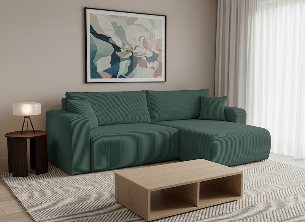 Narożnik z funkcją spania Nellio L-kształtny uniwersalny z pojemnikiem ciemnozielony sztruks  - zdjęcie 5