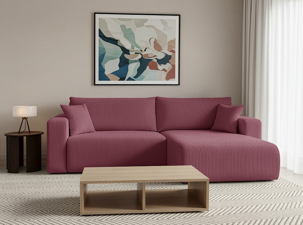 Narożnik z funkcją spania Nellio L-kształtny uniwersalny z pojemnikiem ciemnoróżowy sztruks  - zdjęcie 2