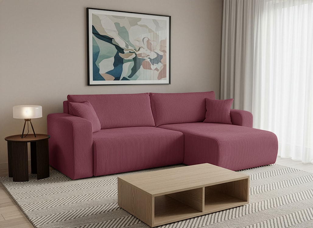 Narożnik z funkcją spania Nellio L-kształtny uniwersalny z pojemnikiem ciemnoróżowy sztruks  - zdjęcie 5