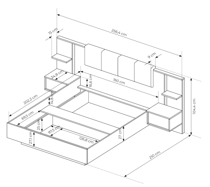 Łóżko Odesty ze stelażem, pojemnikiem i dwoma stolikami nocnymi 256 cm Beżowe  - zdjęcie 4